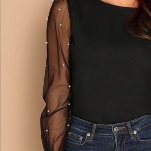 Pearl Beaded Mesh Sleeve Top